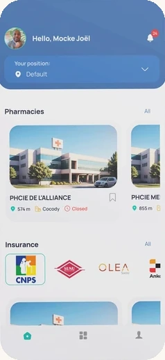 Help24 patient app: nearby pharmacies with distance and open or closed status